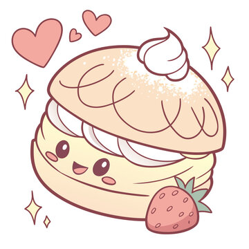 Delightful Kawaii Sticker illustration featuring a charming, smiling cream puff pastry with a fresh strawberry, sweet hearts, and decorative sparkles