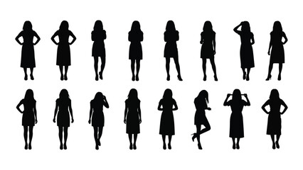 Collection of diverse female silhouettes in various poses and dress styles