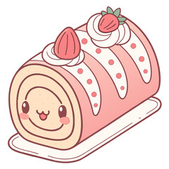 Adorable pink strawberry roll cake with a charming happy face, perfect as a delightful Kawaii Sticker for sweet treats and desserts
