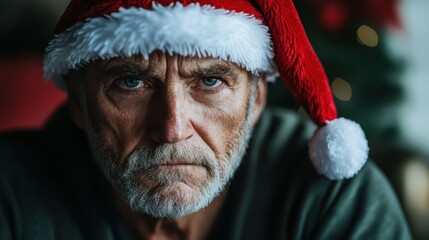 A serious older man wearing a Christmas hat, embodying the conflicting emotions of the holiday season, with a soft festive background enhancing the mood.