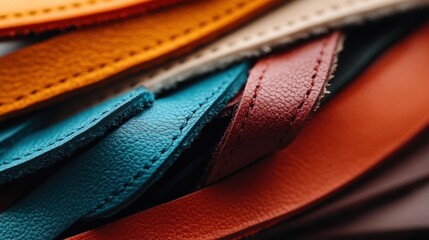 An array of vibrant leather strips arranged artistically, showcasing a spectrum of colors perfect for crafting, design, and creativity in artistic pursuits.