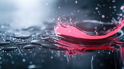 A striking splash of pink water contrasts dramatically against a black background, creating a visually stunning image that evokes emotions of motion and fluidity in art.