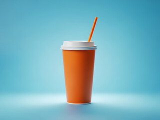 orange paper coffee cup with white lid and straw transparent background