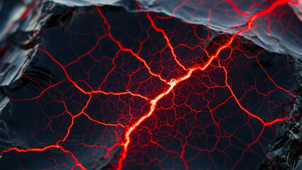 Close-up of volcanic obsidian with glowing lava cracks