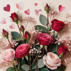 Romantic bouquet of red and pink roses with hearts