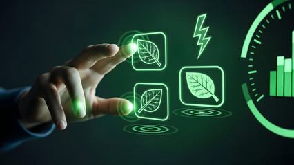 Hand interacting with glowing green eco-friendly technology icons
