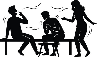 Silhouette of the friends, laughing and sitting in the Park on Benches