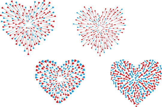 Vibrant red and blue heart shaped fireworks exploding in festive patterns