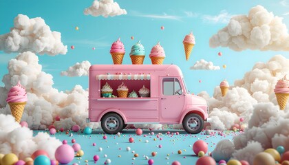 A delightful, candy-coated pink ice cream truck, complete with playful melting frosting and a whimsical grin, perfect for sugary dream delivery