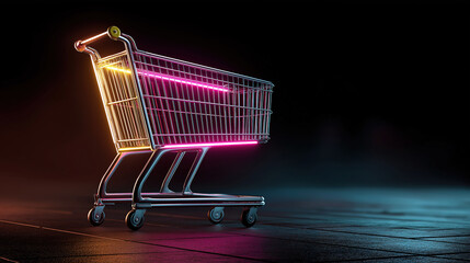Dark ecommerce scene with neon metal shopping cart for online shopping black friday sale
