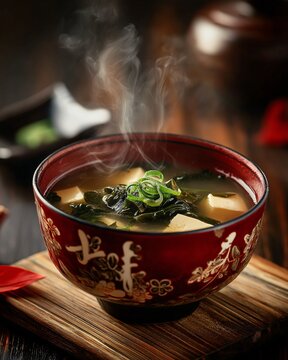 Bowl of miso soup with tofu, seaweed, green onion, and steam rising, traditional Japanese cuisine, warm and comforting meal