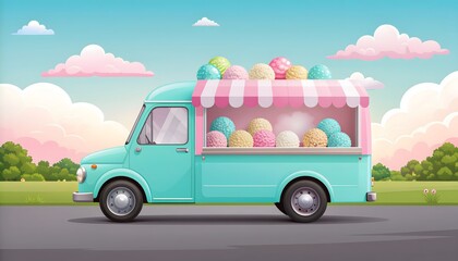 A charming pink ice cream truck with colorful balloons offers delightful ice cream and treats on a sunny day amidst a vibrant field of wildflowers, spreading joy