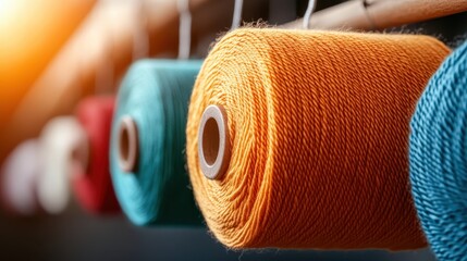 An artistic shot of vibrant yarn spools suspended in space, showcasing their rich colors and textures, while casting beautiful shadows in a well-lit crafting environment.