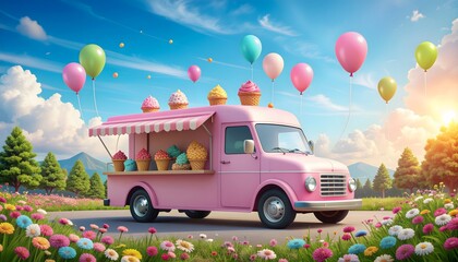 A charming, vibrant orange vintage ice cream truck with a giant swirling soft-serve ice cream cone on its roof, parked against a minimalist blue sky, ready to deliver a delightful summer treat