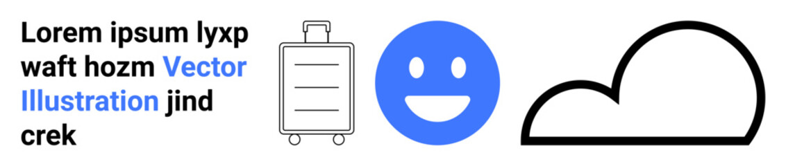 Fototapeta premium Travel, mood, weather, digital services, vacation, cloud storage. A suitcase, a blue happy face and a cloud icon as minimal graphic elements. Travel and mood