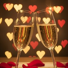 Valentine&rsquo;s Day Champagne Toast with Heart Bokeh Lights