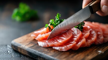 Deliciously arranged slices of fresh salmon on a wooden cutting board, showcasing culinary artistry and vibrant colors that celebrate the joy of gourmet cuisine.