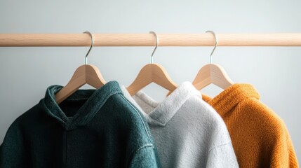 A collection of trendy hoodies hanging on a wooden clothing rack, showcasing a harmonious color palette that illustrates modern fashion trends and the versatility of casual wear.