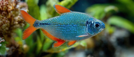 Colorful blue fish with orange fins