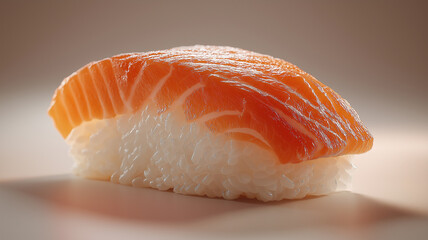   close-up of salmon sushi slice, visible grain