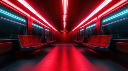 This image depicts a futuristic subway train interior illuminated by vibrant neon lights, creating a striking visual effect that conveys innovation and a sense of urban adventure.