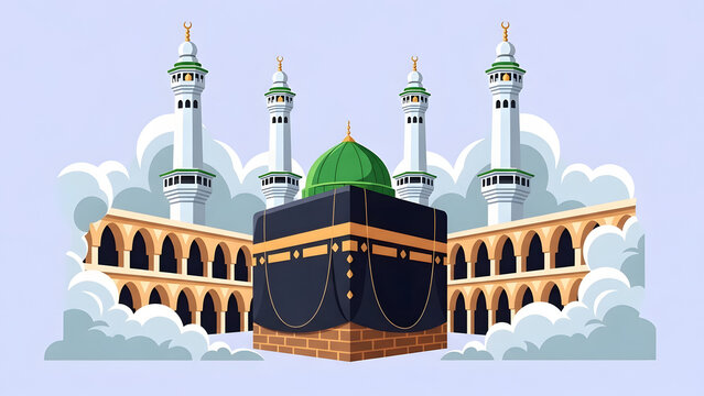 holy kaaba in mecca with minarets and green dome masjid al haram illustration for ramadan kareem eid mubarak and islamic religious celebration background vector design