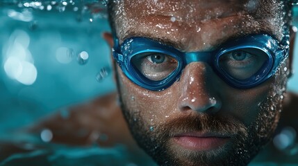 Fototapeta premium A swimmer's intense gaze is captured underwater, showcasing determination and focus, highlighting the beauty of athleticism in a fluid and dynamic environment.