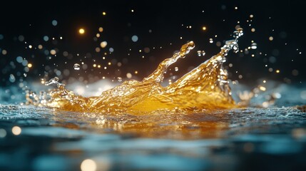 An artistic capture of water droplets splashing, creating a dynamic and visually appealing image that evokes feelings of energy and life through its golden reflections.