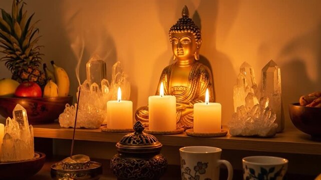 Close-up of Feng Shui altar with golden Buddha and burning prosperity candles.