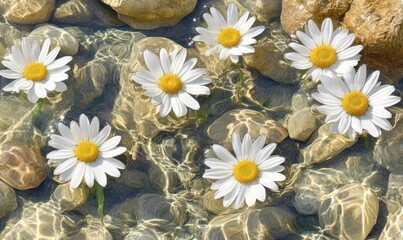 Fresh daisies floating in clear water with pebbles and sunlight reflection
