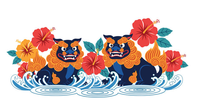 Two traditional okinawan shisa lion statues surrounded by vibrant red hibiscus flowers and stylized blue ocean waves in okinawa japan.