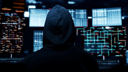 Hacker in hoodie working on computer with multiple screens
