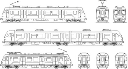Detailed electric train blueprint illustration showing modern commuter railway vehicle side front rear views technical line drawing public transportation engineering schematic design © Hello World
