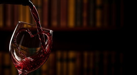 Red wine splash in heart shape with dark professional negative space for dining