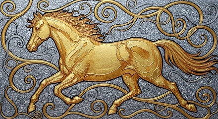 Majestic Golden Stallion Galloping Through Swirling Silver Filigree, Luxurious 3D Impasto Style Art for Success and Prosperity Decor