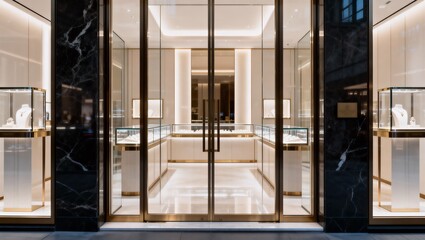 洗練されたガラス外観と高級感あふれるジュエリーブティック入口の商業写真