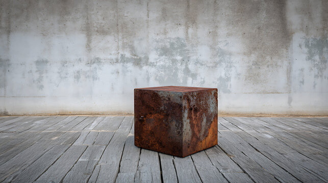 Rusted metal cube standing on weathered wooden floor against aged concrete wall, industrial minimal interior scene for product display mockups and creative backgrounds