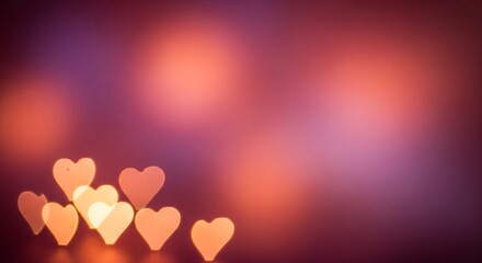 Heart shaped bokeh lights on red gradient background with wide negative space