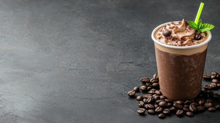 This inviting image features a delicious chocolate drink adorned with whipped cream, chocolate shavings, and mint, promising a delightful treat for coffee and chocolate lovers.