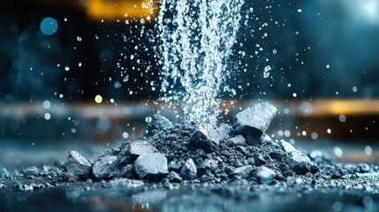 This dynamic image portrays water splashing against a textured surface, highlighting the beauty and force of nature, symbolizing vitality and movement in a striking visual.