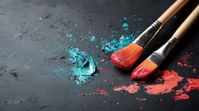 Artistic tools including brushes and paint on a textured surface, highlighting creativity, expression, and the joy of artistic endeavors in the world of art.