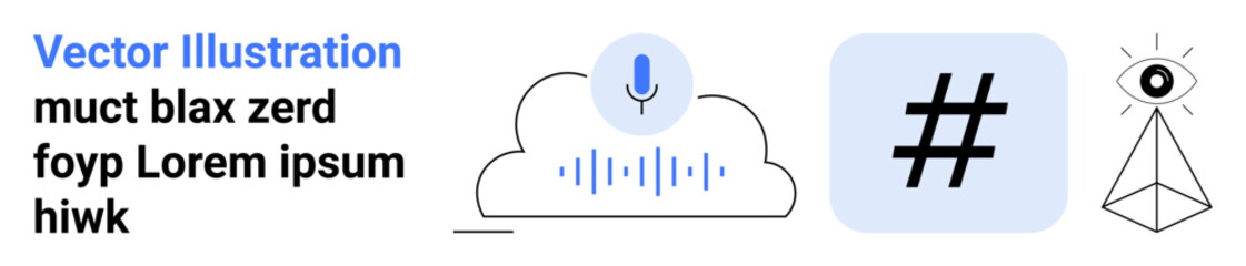 Obraz premium Microphone over a cloud with sound waves, bold metadata tag in square, eye on triangular pyramid. Ideal for tech innovation, social media, communication, trends, minimalism, branding simple landing