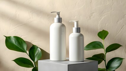 Two white pump bottles with green leaves dispenser cosmetic