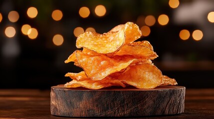 A tantalizing stack of golden-brown potato chips on a rustic wooden board, inviting snack lovers with its crispy texture and delightful appeal against a bokeh backdrop.
