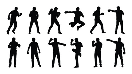 Fototapeta premium Silhouettes of boxing figures in various fighting and training poses