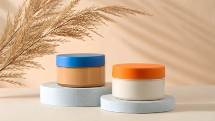 Two Cosmetic Jars on Pedestals with Dried Grass cream skincare