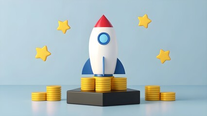 Rocket Launching on Stacked Gold Coins with Yellow Stars Against Blue Background startup