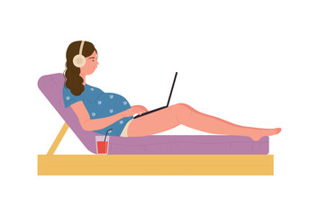 Fototapeta premium Pregnant woman in headphones listening to music lying on beach bed with laptop vector illustration
