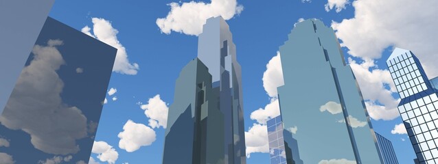 Skyscrapers, high-rise buildings from below against the background of the sky, cityscape, panorama of skyscrapers, 3D rendering © ustas