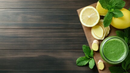 A vibrant display of fresh ingredients showcases the essence of healthy living, featuring ginger, lemons, and vibrant greens, perfect for a refreshing smoothie.